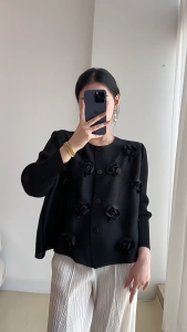 Advanced three-dimensional floral pleated short jacket casual versatile single breasted cardigan top for women