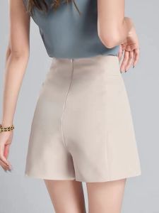 High Waist Suit Shorts Womens Slimming Summer Thin Versatile Wide Leg Casual Beige Outerwear Commute OL Style Pocket Detail