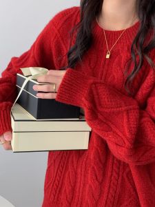 Soft Style Red Sweater Womens Autumn Winter Loose Lazy Style Mid-Length round Neck Knitwear New 2024 Twist Casual Fashion