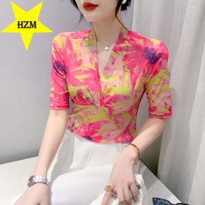 HZM Stylish and Slim V-neck Mesh 2023 Women's T-shirt with Stylish Design New Slim Fit Small Print Short Sleeve Top