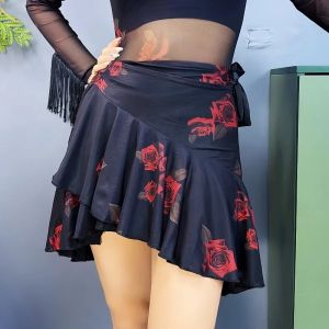 Women Double Sided Fringe Latin Dance Skirt Floral Decor Adult National Standard Modern Ballroom Training Competition Costume