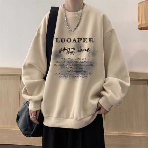Hong Kong Style Retro American Heavyweight Pure Cotton round Neck Sweatshirt Mens Loose Fit Autumn Winter Fleece Lined Cool
