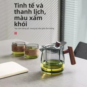 Bình Trà Pha Lọc Nước Tách Riêng Chống Nóng Thủy Tinh Tay Cầm Gỗ