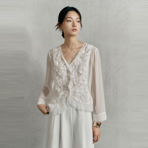 Sleeve Silk Blouse with 3D Floral Applique and Ruffle Hem