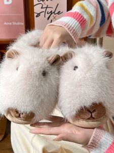 Cute Girls Autumn Winter Fashion New Plush Cotton Slippers Indoor Outdoor Wear Home Pet Capybara Cartoon Design Warm Flat Bottom