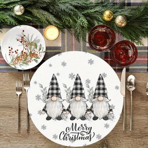 Bộ Tấm Lót Đĩa Tròn Giáng Sinh VIKAMA - Bộ Đế Lót Ly Nhà Bếp Trang Trí Ông Già Noel Tấm Lót Cà Phê Vải Lanh Không Dệt 4/6/8/10 Chiếc Phụ Kiện Bàn Ăn