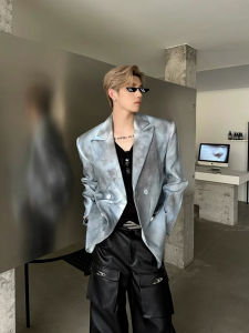 สีเทาเข้ม Blue Mens ชุดสูท เสื้อแจ็คเก็ต Model Tie Dye Shoulder Pad Gradient Style ลำลอง Western Wear For ฤดูใบไม้ร่วง Season Teenage Size