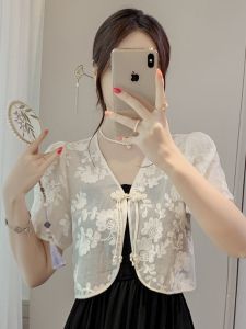 New Chinese Style Buckle Lace Cappa Womens Summer Sun Protection Cardigan Thin Outwear Blouse Casual Cropped Short-Sleeved Top