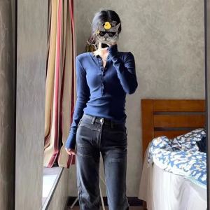 Long Sleeve V-Neck T-Shirt Cotton Button-Up Slim Fit Half Open Collar Spicy Girl Ins Base Shirt Spring Season Solid Color