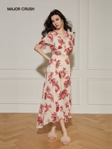 French Style Lazy Apricot Flower Print Slim Fit Long Dress