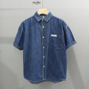 Retro Distressed Double Pocket Workwear Short Sleeve Mens Denim Shirt Loose Fit Thin Style No Ironing Required Fashionable