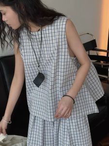 เสื้อกั๊กทรงเอผ้าลายสก็อตประดับเงาสำหรับผู้หญิงในช่วงฤดูร้อน สไตล์เกาหลี เสื้อเชิ้ตทรงหลวมสบาย ๆ แขนยาว