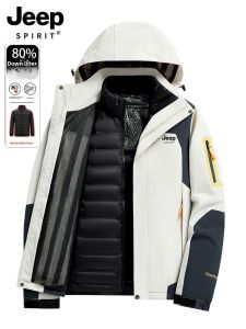 Jeep 2024 Mens down Jacket Three-in-One Detachable Inner Skiing Coat Womens Fashion Urban Style Windproof Thickened