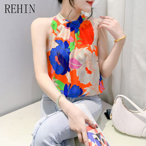 REHIN Summer new fashion floral printing sleeveless versatile Slim fit high neck trendy womens top