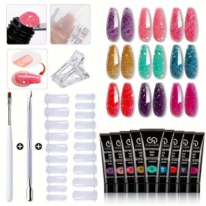 5 Pcs/set 15ml Gel Extension Nail Tool Set with Nail Brush Steel Push File 20pcs Nail Flakes Beginners Set