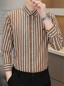 HENGYUANXIANG | Hengyuanxiang 2025 New Mens Long Sleeve Shirt Flocking Pure Cotton Embroidered Striped Spring Autumn High End Menswear Shirt