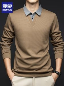 Romon Casual Shirt Collar Long Sleeve Sweatshirt Mens Autumn Winter Fashionable Fake Two-Piece Comfortable Polyester T-Shirt