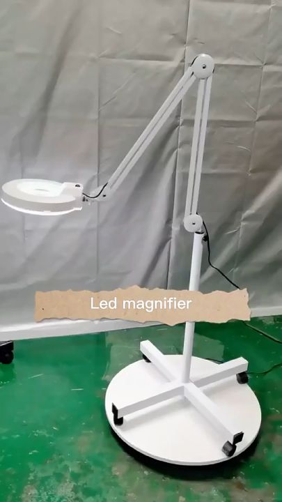 White Magnifier 8X Rolling Floor Stand Adjustable Magnifying Lamp Beauty Mag Light Salon Facial Lamp Equipment w/ Stand