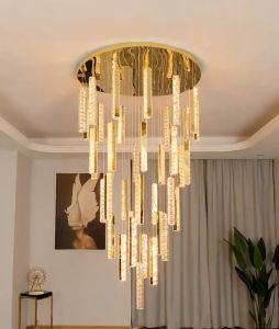 Modern 2023 Stairs Ceiling Chandelier Lighting Golden Stainless Steel Luxury Crystal Lamps Lustres LED Home Decor Hanging Lights