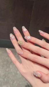 10pcs Smudging Short Oval False Nail Tips Handmade Sweet Relief Colorful Flower Press On Nails Korean Style Wearable Fake Nail