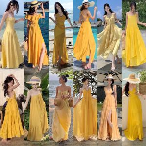 ชุดเดรสยาวลายพิมพ์ลายชายหาดสไตล์เกาหลีสำหรับผู้หญิงในช่วงฤดูร้อนปี 2024 ทรงเอ แขนกุด คอวี กระโปรงทรงเอ กระโปรงสั้น