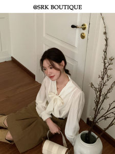 Áo Sơ Mi Cotton SRK Classic French Butterfly Knot Binding Loose Long Sleeve Slimming Commute Peach New Style Womens Shirt