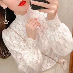 Ruffle Lace Base Shirt Womens Autumn Winter Brushed Long Sleeve Half High Collar Dressy Top plus Size Dress Fashionable Inner Wear