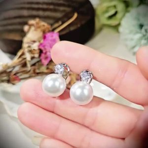 Huitan Exquisite Imitation Pearl Stud Earrings for Women with Bright Cubic Zirconia Elegant Engagement Wedding Jewelry Gift