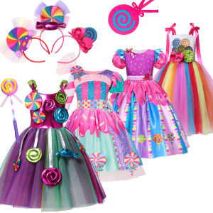 Rainbow Lollipop Girls Dress Sweet Purim Festival Celebrate Costume Fancy Carnival Children Vestidos Princess Cosplay Outfits