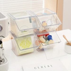 Clear Plastic Fliptop Lid Desktop Bin Stackable Organizer Coffee Candy Holder Container Box