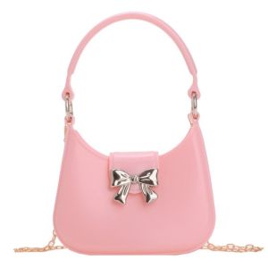 URBAG Candy Color Mini Handheld Jelly Bag with Chain Bow Decoration Moon Bag Versatile Handbag for Women Girls