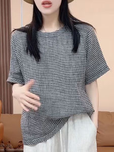 UYFY | Summer Plaid Short Sleeve T-Shirt Womens Loose Casual Slimming Commute Top Fashionable Versatile Korean Style Round Neck