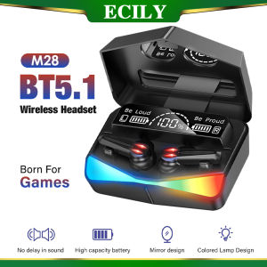 ECILY ชุดหูฟังบลูทูธ M28 Headphone Gaming ไร้สายชุดหูฟังบลูทูธ5.1สเตอริโอไร้สาย TWS ตัดเสียงรบกวนระบบสัมผัสพร้อมไมโครโฟน IPX5จอLED กันน้ำได้สเตอริโอ9D บลูทูธหูฟังเอียร์บัดสำหรับ I-Phone แอนดรอยด์
