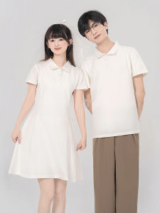 ชุดคู่รักฤดูร้อน ชุดเดรสคอโปโล ชุดแต่งงาน ชุดทำงาน กระโปรงสั้น แขนสั้น ทรงหลวม ผ้าฝ้ายผสมโพลีเอสเตอร์