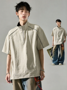 SZON | Ice Silk Quick Dry American Patchwork Half Zip Stand Collar T-Shirt