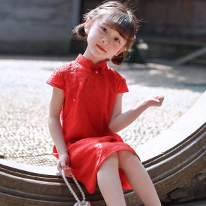 Red Chinese Style Childrens Cheongsam Dress Little Girl Improved Version Solid Color Summer New Arrival Cotton Blend Fabric