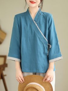 Áo Sơ Mi Vải Lanh Cotton Rộng Rãi Cổ Đứng Tay Bảy Nút Thắt Mùa Hè Cho Nữ Phong Cách Trung Hoa Cổ Điển