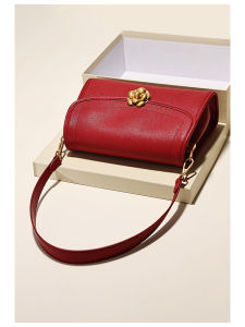 Red Tannery Leather Hobo Bag Single Shoulder Crossbody Womens Armpit Bag Fashionable French Bread Bag by GXFMOD