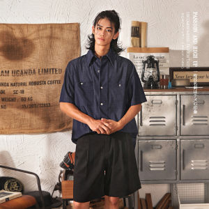 Retro Japanese Style Mens Loose Fit Short Sleeve Silk Denim Shirt Summer Pure Color Drapey Deep Blue Five-Button Upper Body