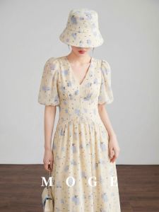 Tea Style Floral V-Neck Slim Waist Womens Dress
