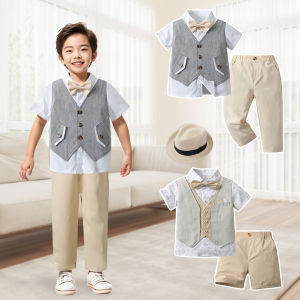 Rolanko Baby Boys Suit Kids Fashion Shirt Pants Hat Bow Tie Set Wedding Birthday Costume Childrens Casual Daily Wear