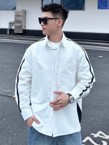 Mens Long Sleeve Shirt Casual Splice Color Block High Slit Elegant Street Style Outerwear Standard Fit Polyester Fiber