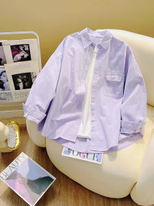 Lavender Korean Style Womens Pure Cotton Long Sleeve Shirt Fashionable Autumn Outerwear Casual Breathable Polo Collar Button