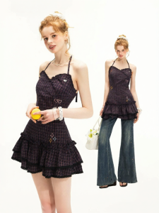 Unifree | Plaid Halter Lace Embroidered Ruffled Slimming Summer Dress