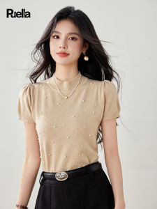 puella | French Style Shimmering Silk Pearl Decorated Puff Sleeve Knitted Top