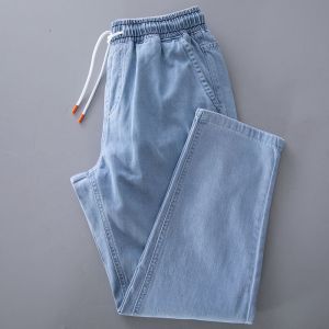 Spring Summer New Casual Loose Waist Thin Mens Trendy Brand Drawstring Straight Leg Nine-Tenths Jeans Simple Popular