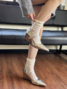 Silver Pointed Toe Mary Jane Shoes Womens Spring Autumn New Style Slip-On High Heel Fashionable Flat Bottom Leather Shoes