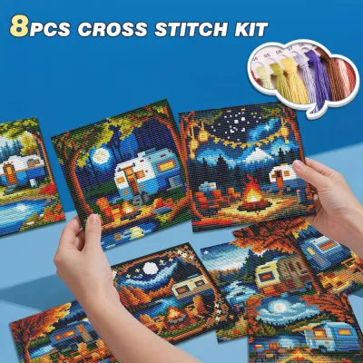 EverShine 8Pcs Cross Stitch Tree Forest Embroidery Kit Landscape Scenery 11CT Printed Canvas DIY Package Desktop Decoration Gift