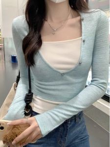 WANGGONGZHU | Princess Style Womens Long Sleeve Base Shirt Pure Desire Tight Fit Half Open Collar Spring Autumn Fashion Color Block Design