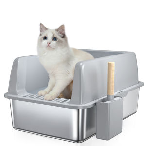 Enclosed Stainless Steel Cat Litter Box with Lid Extra Large Litter Box for Big Cats Metal Litter Pan Tray with High Wall Sides Enclosure Non-Sticky Anti-Leakage Easy Cleaning